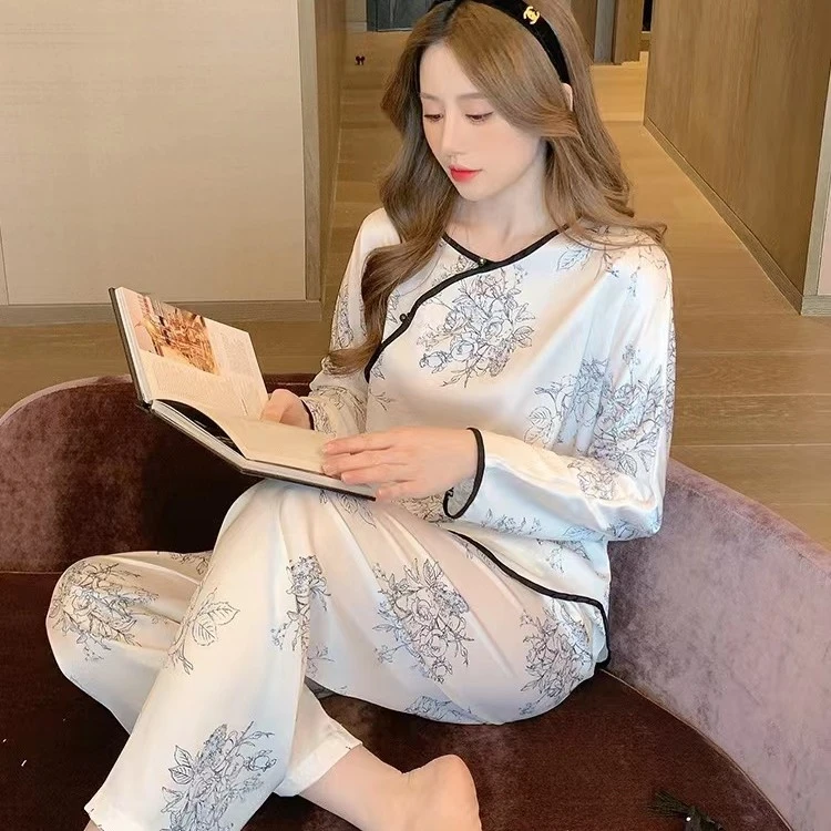 古典女夏季花开富贵水墨画睡衣套装中国风长袖长裤家居服冰丝汉服