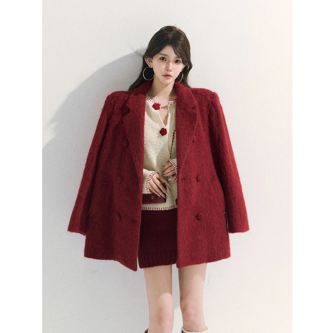 GUIDI GUDI【绣红笔记】羊毛羊驼毛秋冬气质显瘦大衣外套/黄加蓝