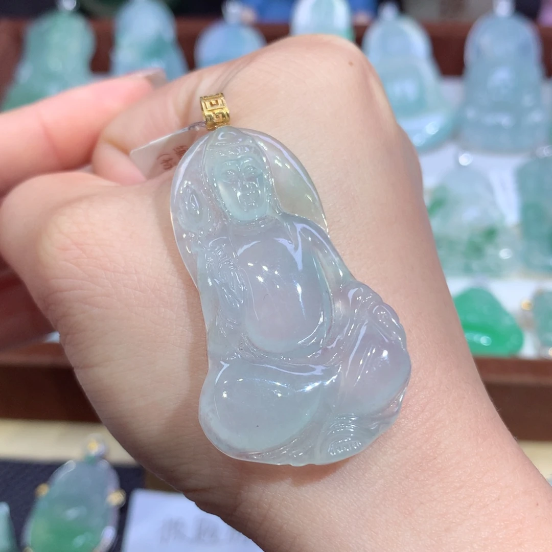 吊坠(不含链)18K金镶嵌翡翠天然缅甸A货翡翠揭阳工观音