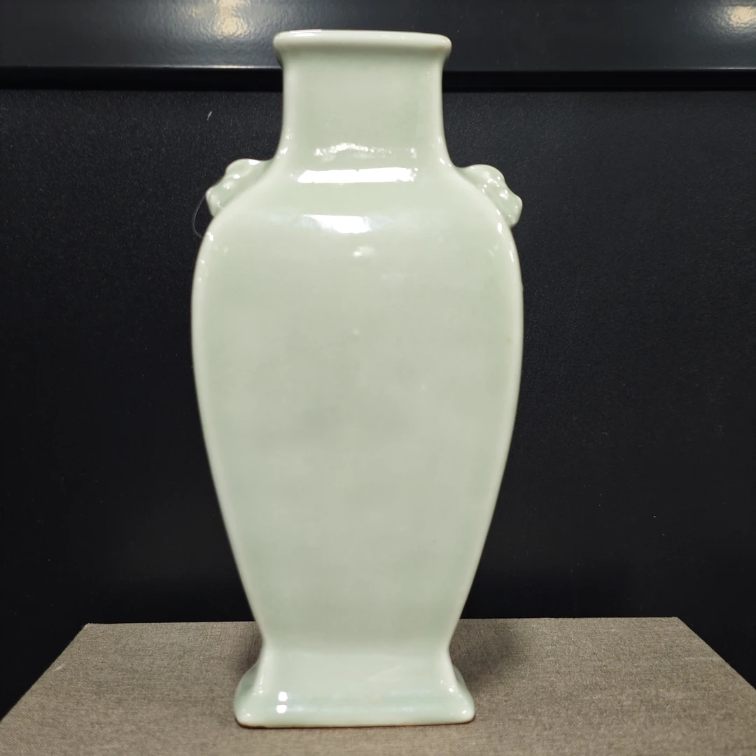 清 乾隆 冬青釉双耳扁瓶古陶瓷w-1227