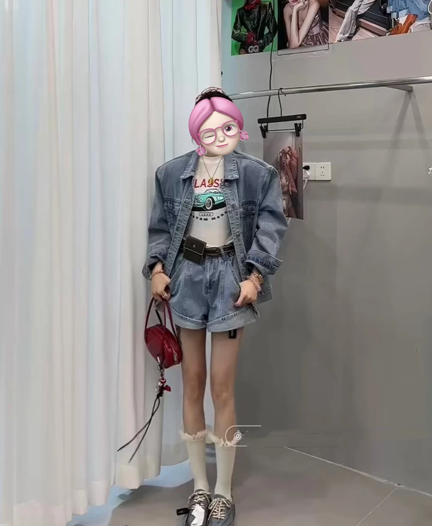 ▪️现货·十三行正版中长牛仔款外套+牛仔短裤时尚洋气春季女两件套