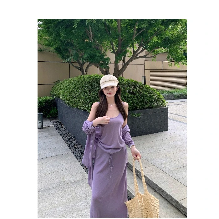 2025夏季新款慵懒风针织开衫+吊带背心+半身裙时尚三件套装女