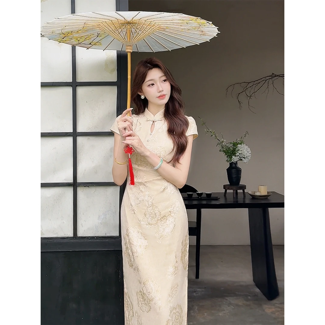 凌茜恣禾【陌恒】国风新中式粉提花裙温婉优雅气质高级感旗袍连衣裙