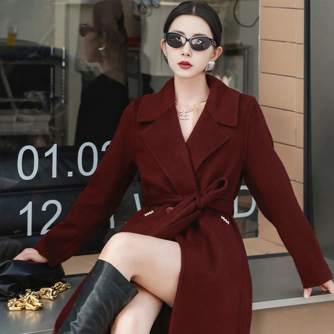 【含羊毛】西装领系带设计感纯色优雅中长款双面呢大衣VDAI37DNH0