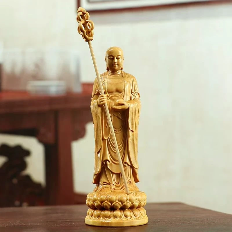 小叶黄杨木雕站地藏王菩萨摆件实木供奉佛像客厅实木工艺品