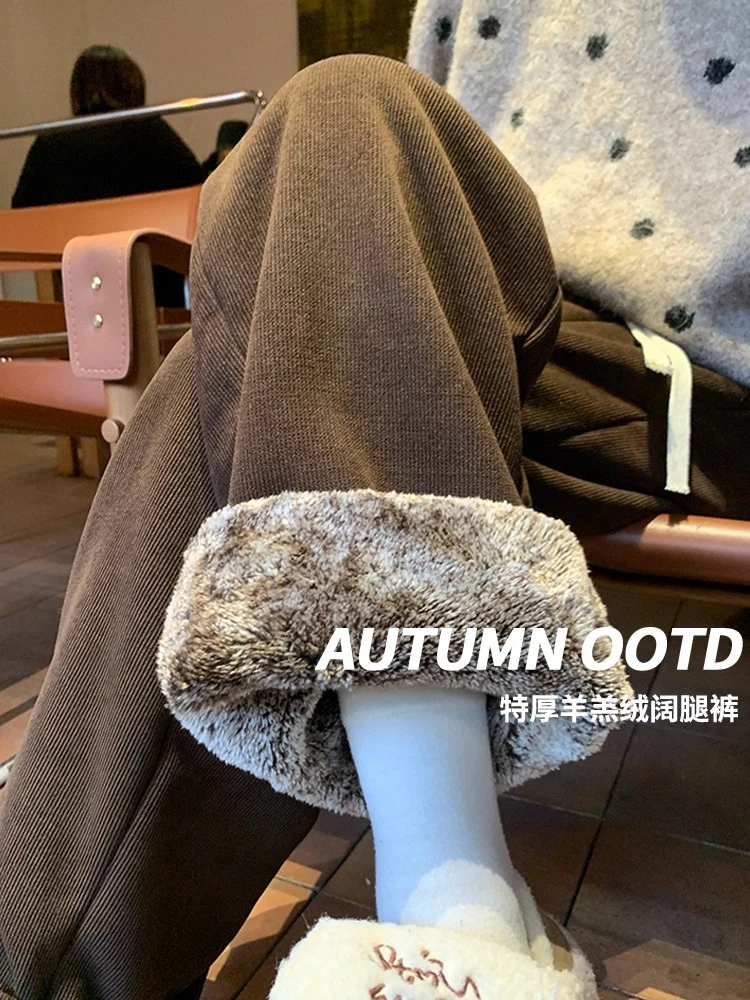 大码300斤羊羔绒棉裤女2025新款保暖加绒裤加绒直筒宽松阔腿裤
