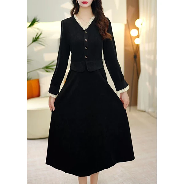 L5866法式气质连衣裙女春秋2025新款收腰显瘦内搭打底灯芯绒长裙