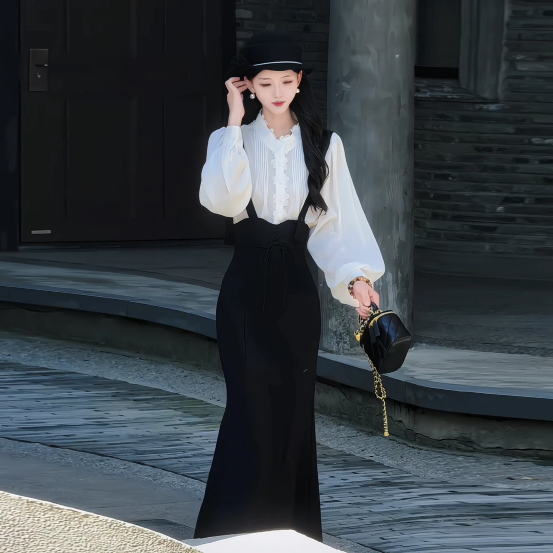 拉夏贝尔25秋冬新款法式复古时尚宽松减龄衬衫+半身裙 10642 SQJ