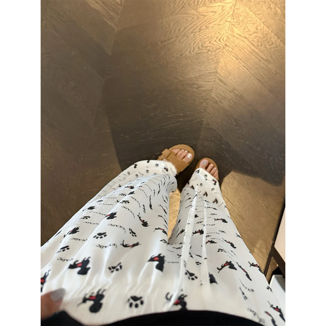 大码女装夏季宽松花契200斤胖mm美式复古卡通小狗满印休闲裤15438