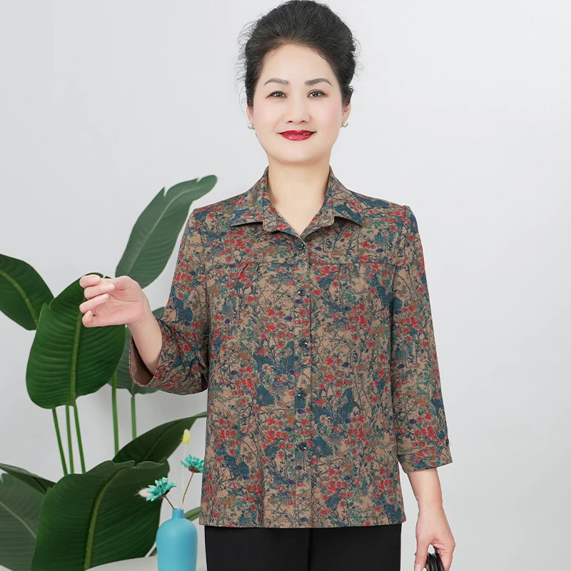 华太太妈妈装夏季小碎花翻领大码开衫中老年女装奶奶上衣B5903