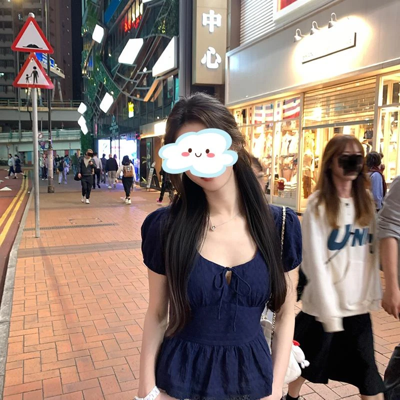 Not defined纯欲法式方领蓝色短袖T恤女夏季甜妹收腰显瘦百搭上衣