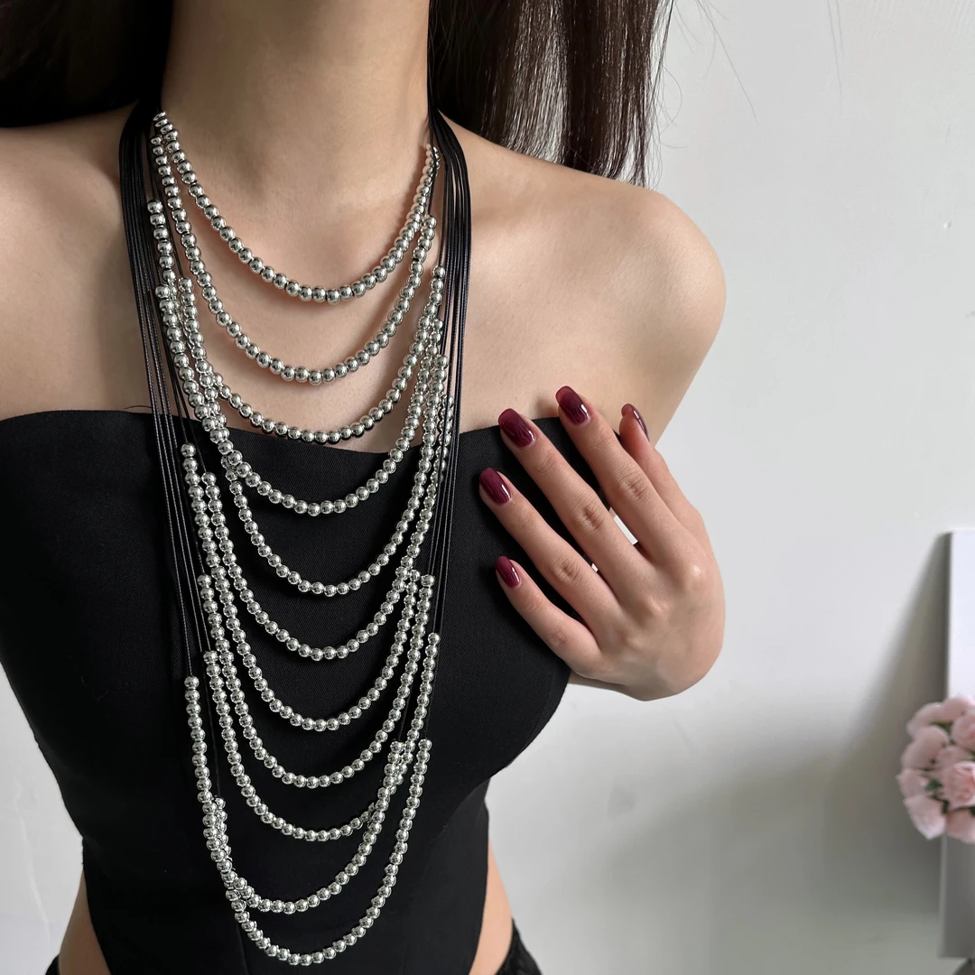 合金皮质项链 X5794-1美式时尚个性潮流气质高级多层珠子长款项链