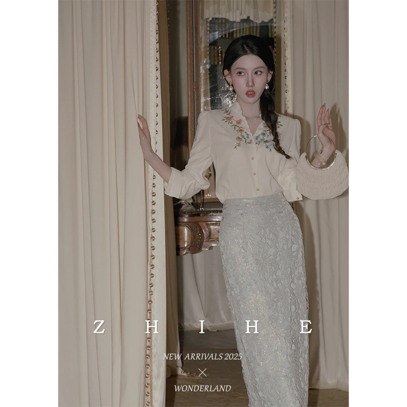 无艳一禾【清欢渡】原创国风镂空花料立领珍珠织带上衣+半裙