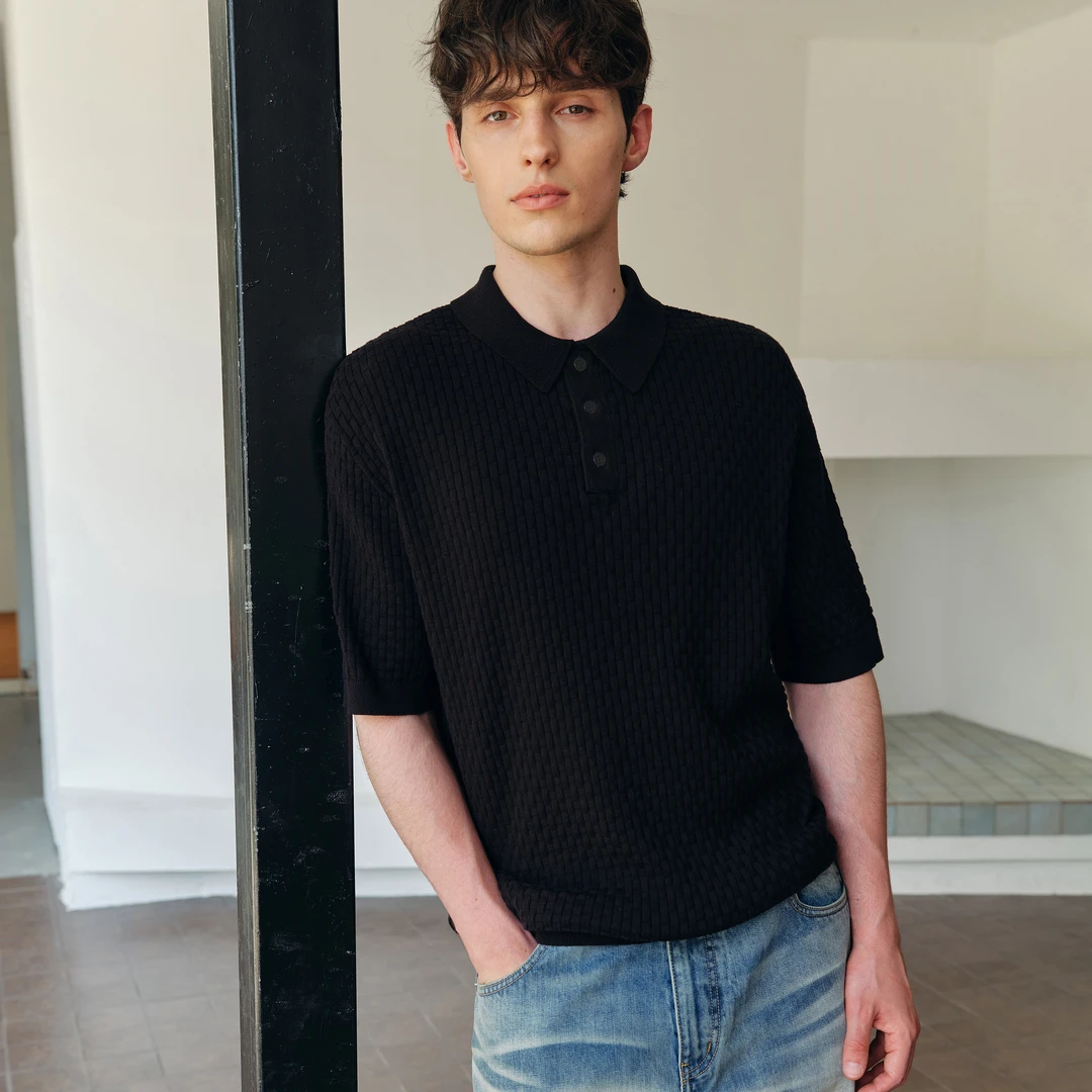 haonanhuang 新贵风12针休闲编织POLO领毛织短袖T恤