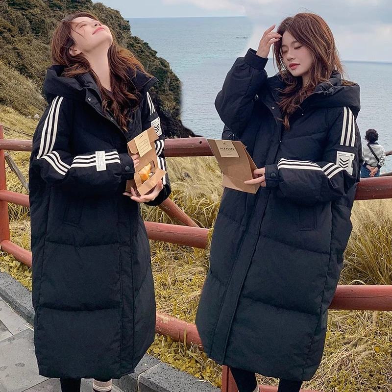 2025新款冬季黑色棉服过膝韩版长款棉衣加厚修身棉袄冬季外套连帽