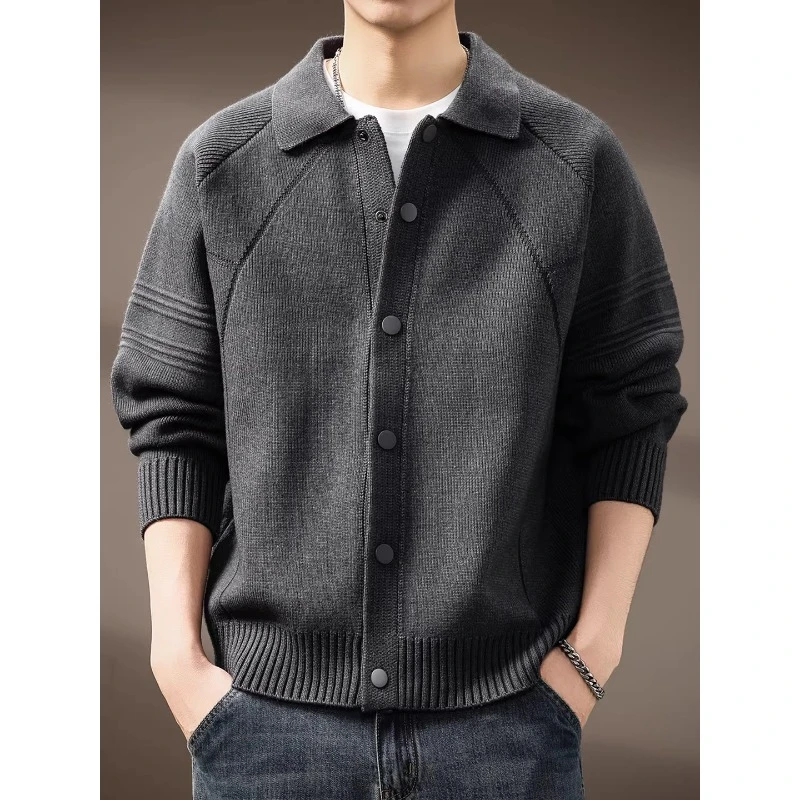 LEIGHZ/雷茨重磅翻领开衫毛衣男新款加厚美式宽松休闲针织衫外套