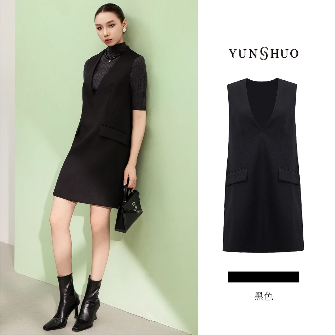 允硕春秋新品时尚百搭夏季黑色显瘦休闲简约气质H版连衣裙566407