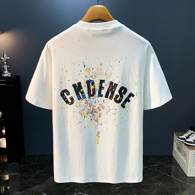 LEIGHZ/雷茨白色T恤男夏季新款泼墨印花t恤美式新疆棉舒适短袖T恤