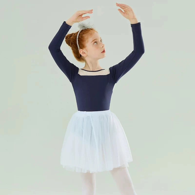 儿童舞蹈服女童弹力网长袖精棉跳舞形体服练功服