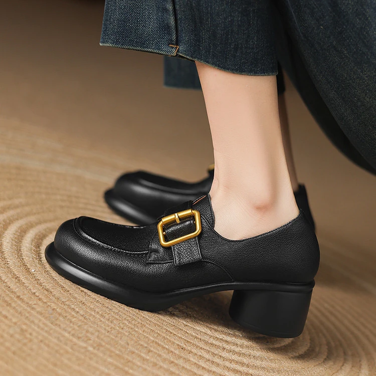 里外纯皮～头层羊皮4.5cm复古圆头厚底中跟乐福鞋玛丽珍女深口单鞋