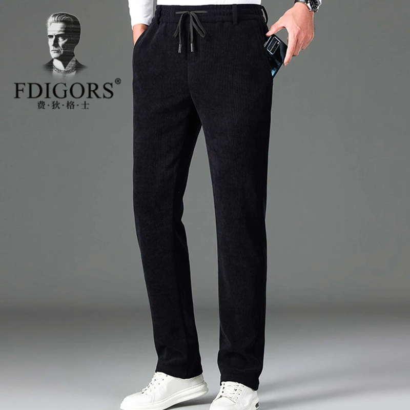 费狄格士灯芯绒休闲裤男士秋冬季加绒松紧腰条绒裤直筒宽松长裤