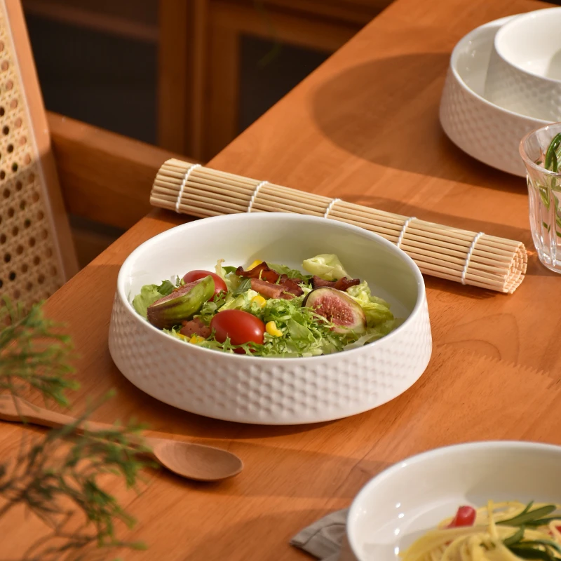 网红款沙拉碗钵形汤菜碗浮雕质感餐厅菜碗复古实用陶瓷碗