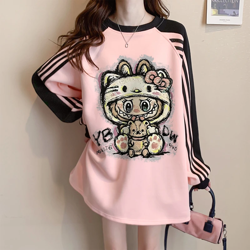 加绒加厚卡通印花圆领卫衣女2025秋冬新款三条杆拼接装饰上衣ins