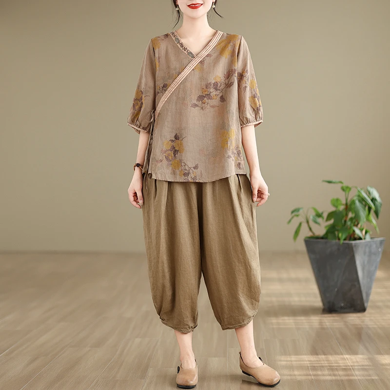 夏季高端复古棉麻套装女中国风V领刺绣衬衫休闲灯笼裤棉麻两件套