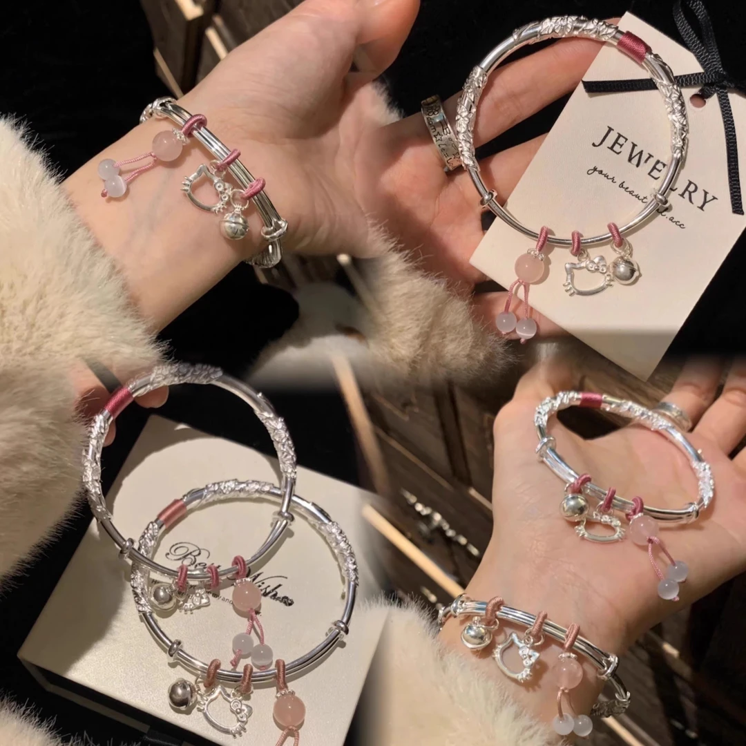 足银手镯 繁花似锦Kitty猫银手镯女实心足银镯子送女友生日礼物