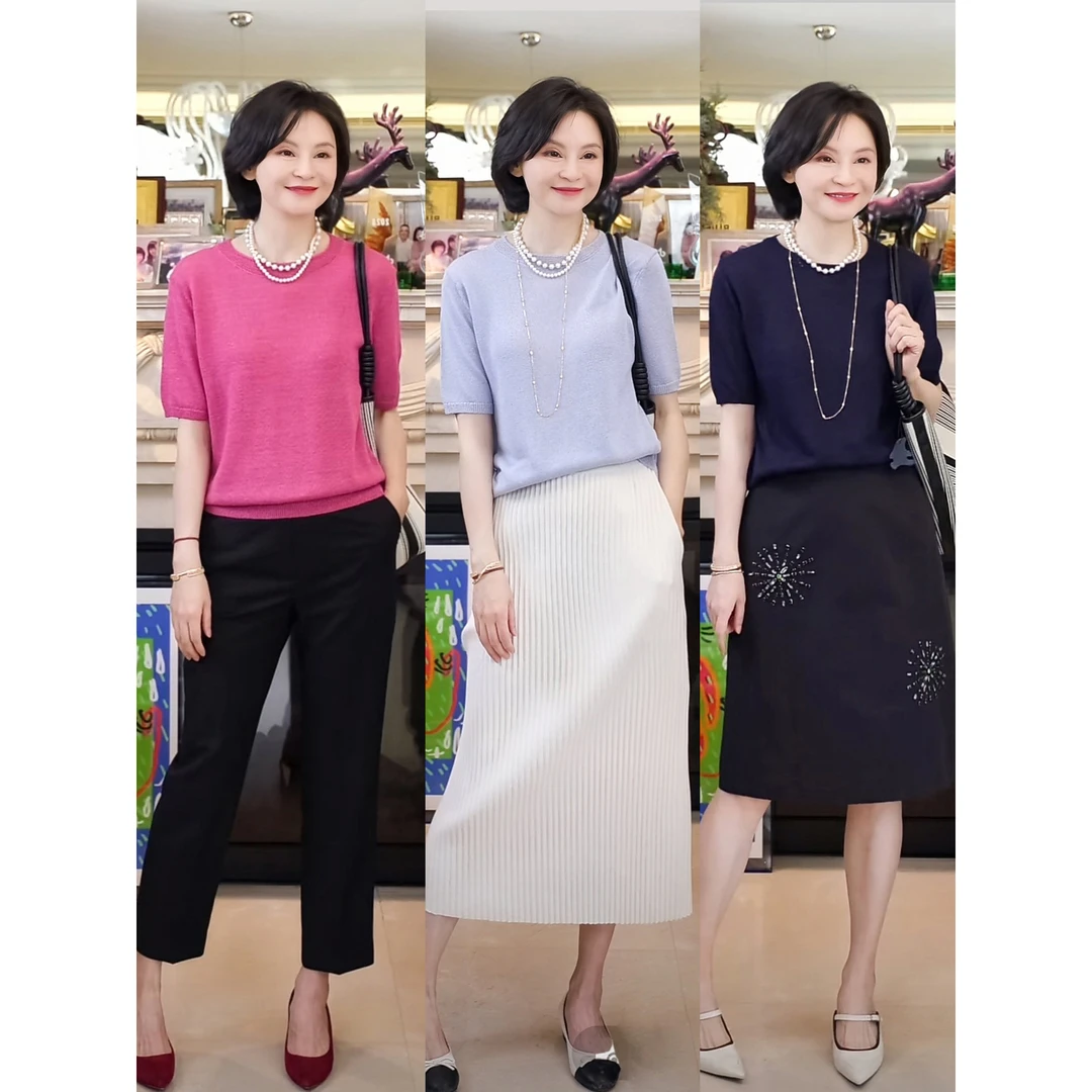 我是摩羯 夏日冰淇淋 和纸纱清爽舒适圆领短袖宽松镂空针织小衫