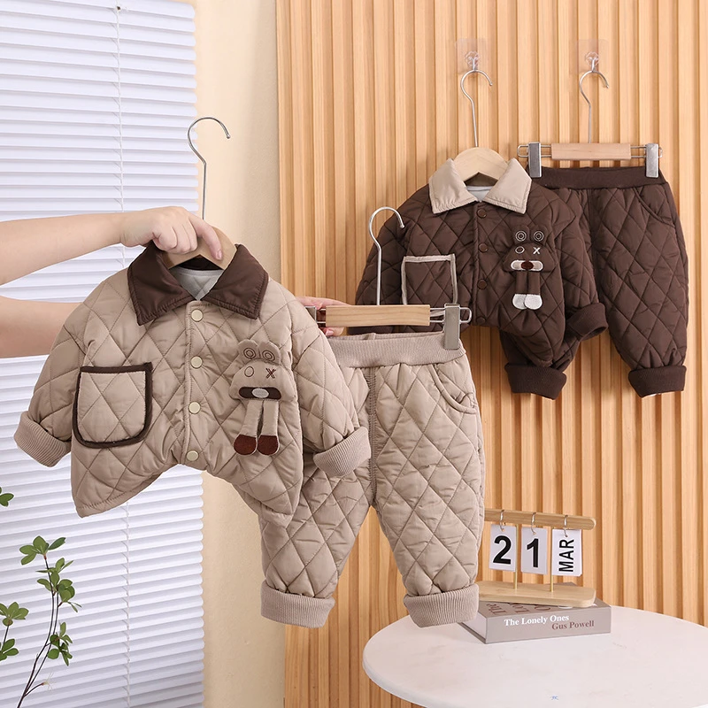 【沫沫家】加厚男女童装宝宝冬季绒加绒保暖翻领口袋冬装棉衣两件套