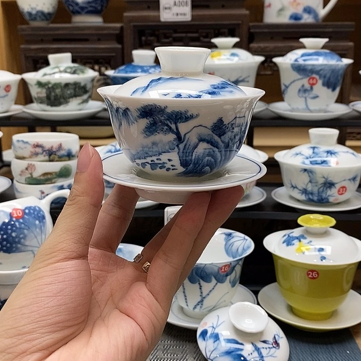 手绘山水120cc盖碗釉下彩微瑕福利款