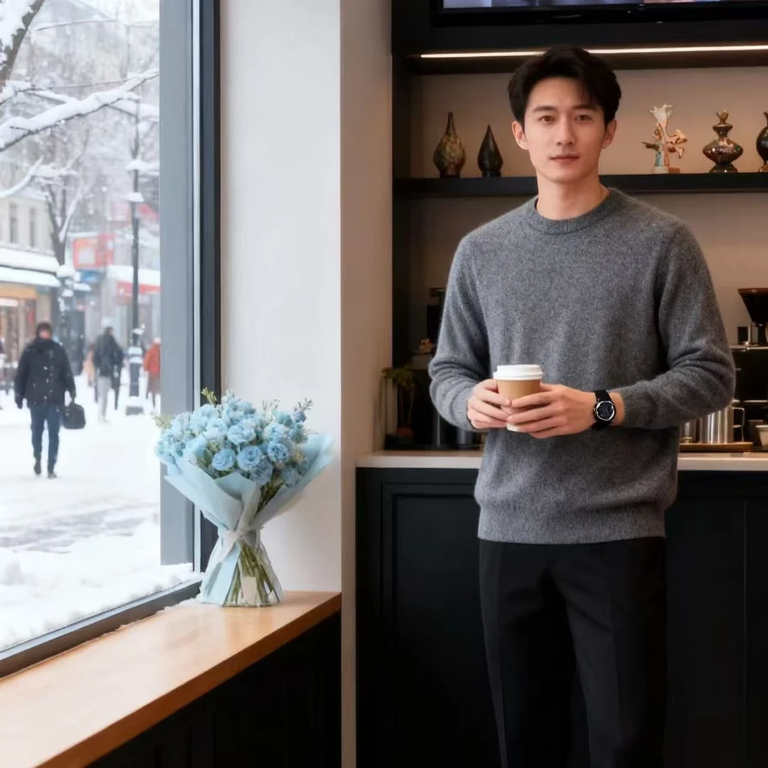 【高端奢品】25秋冬100%山羊绒男平面圆领轻奢高档大气针织羊绒衫R