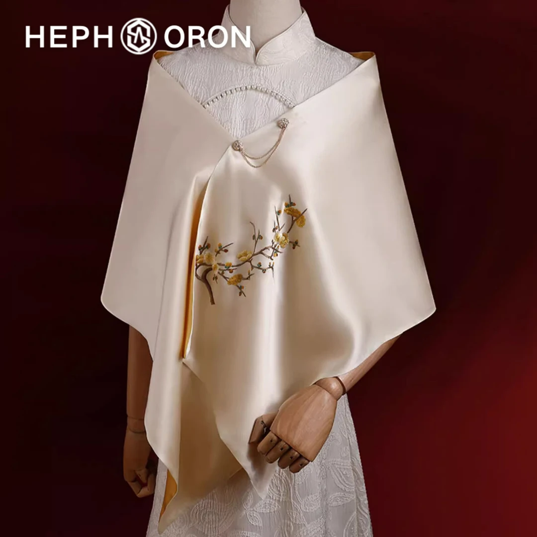 HEPHSORON苏绣丝巾礼盒送妈妈绿色栀子花刺绣百搭桑蚕丝真丝围巾