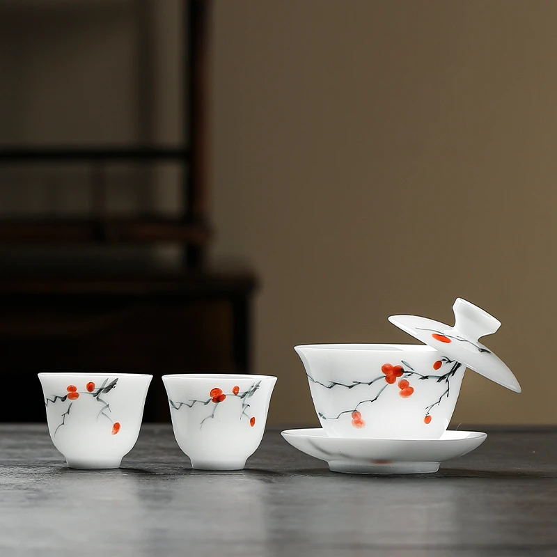 德化白瓷冰种玉瓷盖碗手绘茶杯家用岩茶三才盖碗小号茶碗功夫茶具