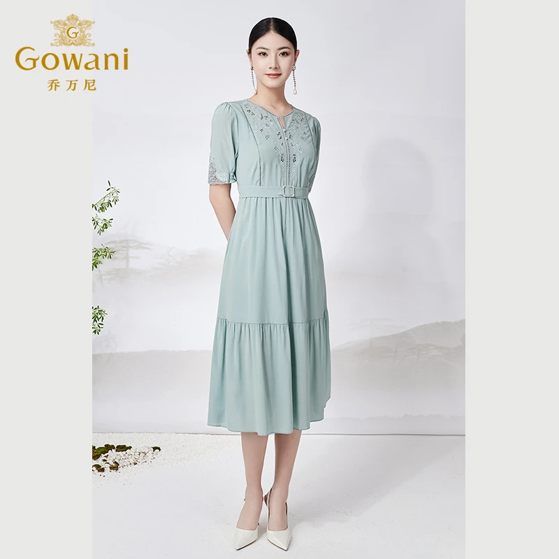 Gowani/乔万尼真丝连衣裙商场同款法式收腰重工绣花ET2E285403