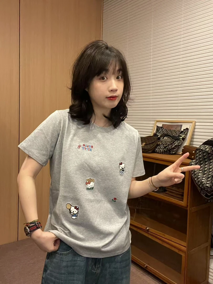 Sevbasks 七七家韩版 浅灰卡通可爱kitty小小猫刺绣半袖
