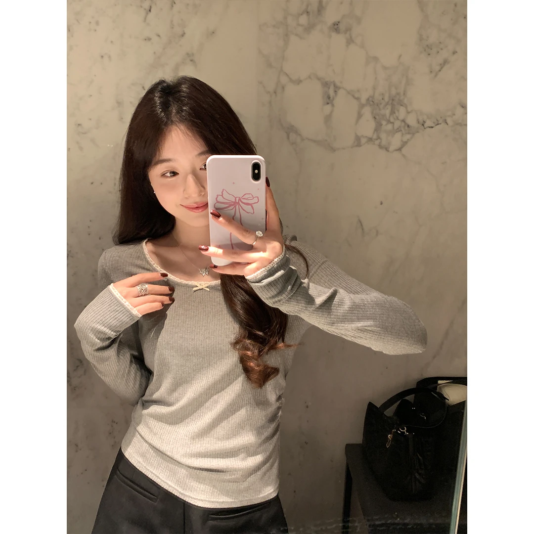 夏诗文 坑条针织撞色花边U领蝴蝶结T恤女春修身上衣