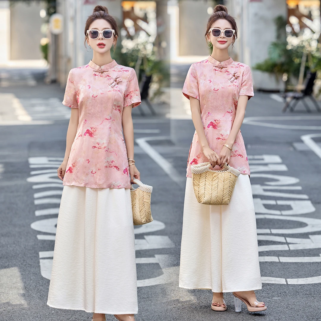 新中式国风改良旗袍套装女夏新款印花立领中长款上衣阔腿裤两件套