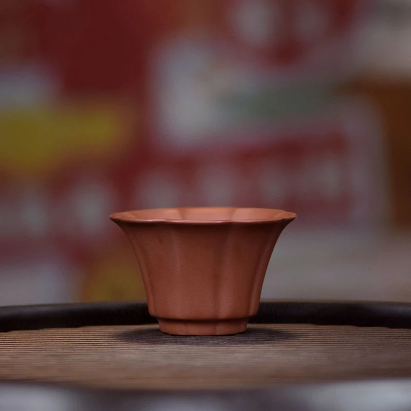 阎记抟砂 朱泥 筋纹花朵杯 主人杯 EE紫砂S134 13 526