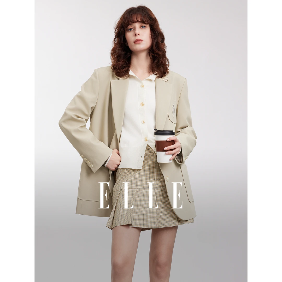 ELLE卡其色学院风休闲宽松西装女2025春季新款通勤小众EX50893