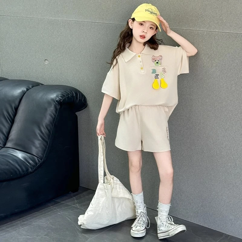 女童夏季短袖套装2025新款儿童休闲POLO衫短裤两件套洋气大童夏装