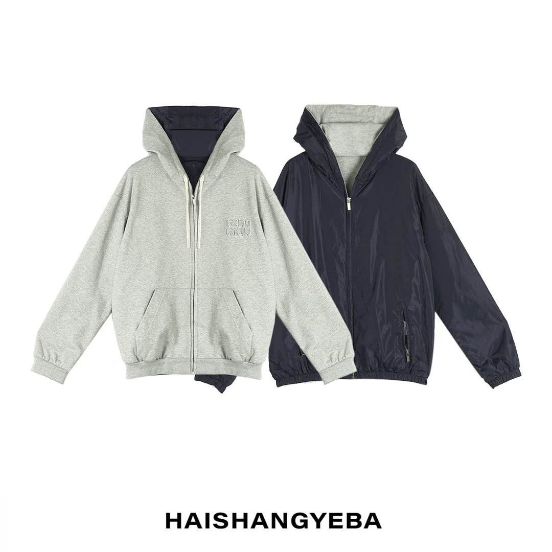 【海上叶爸】新款2025春秋百搭棉连帽拉链双面穿休闲卫衣外套