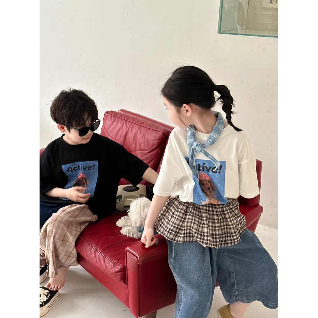 童T恤2025夏季男女童韩版字母狗狗休闲上衣儿童圆领宽松百搭短袖