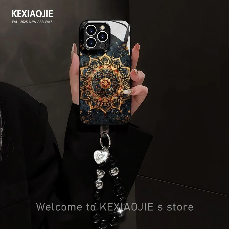 适用于苹果16华为/vivo/oppo黑金曼陀罗花手机壳金属漆玻璃壳高级