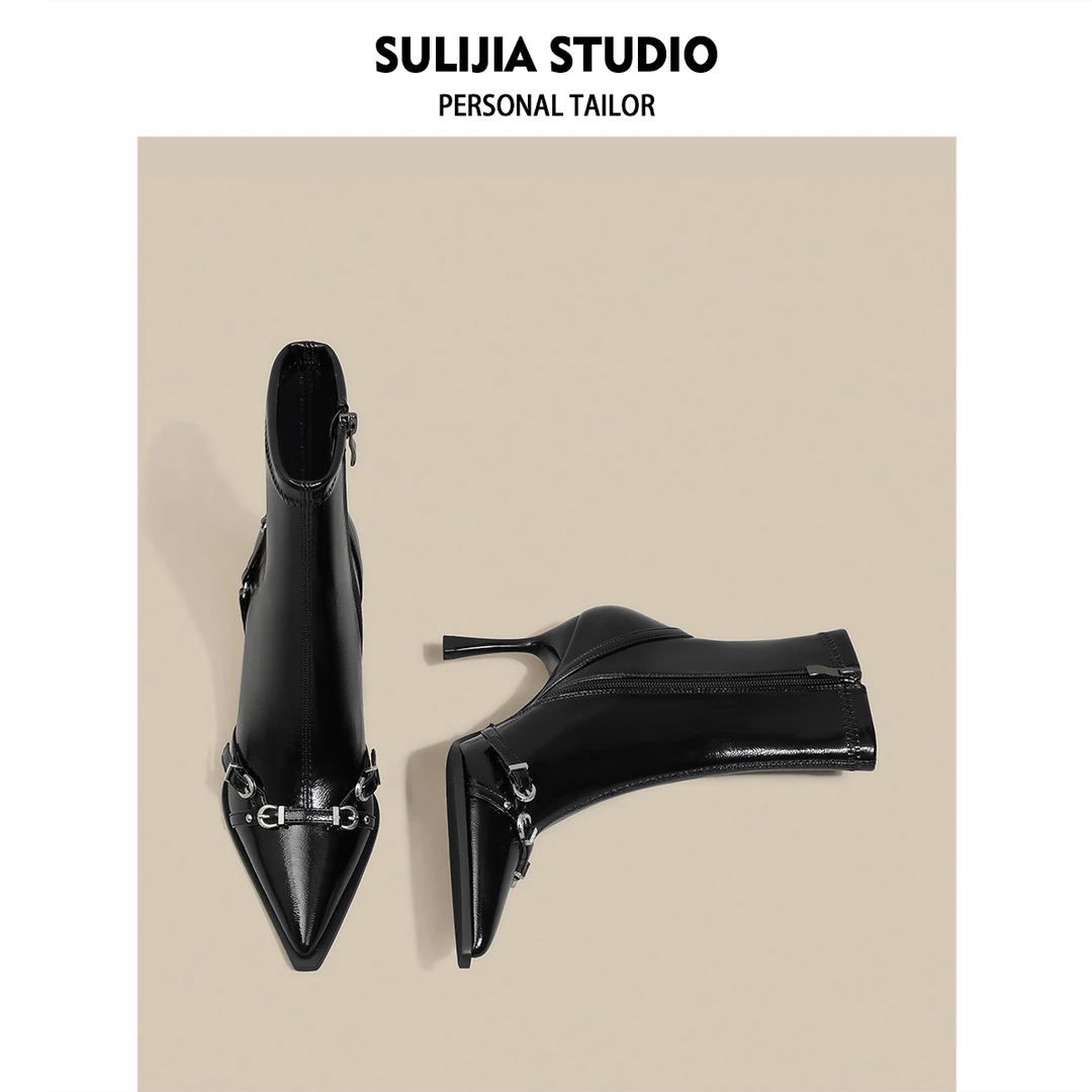 酥梨家 黑色尖头细跟短靴女2025秋冬新款法式气质高跟鞋廋廋靴子