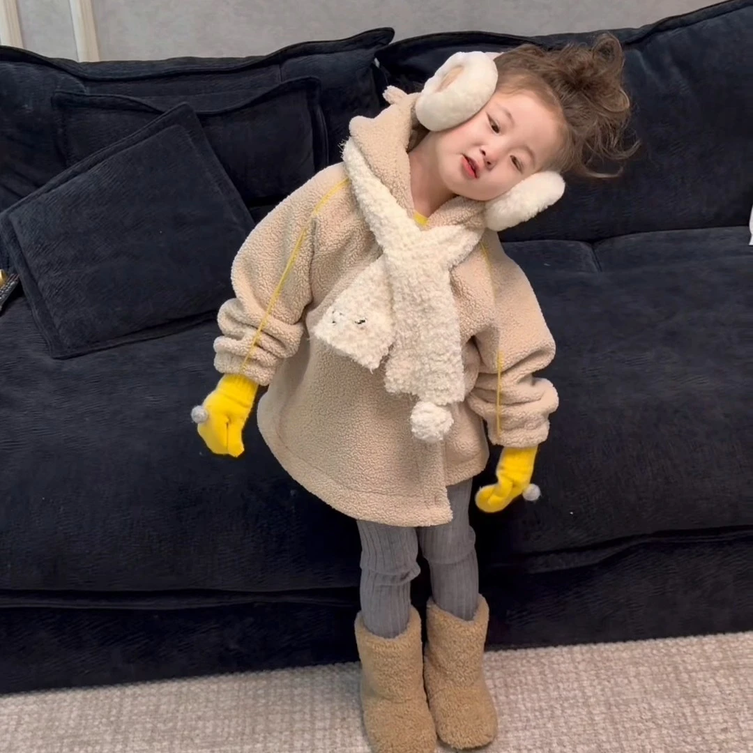 壹妈童装女童韩版套装秋冬新款洋气女宝连帽加绒外套休闲黄色卫裤