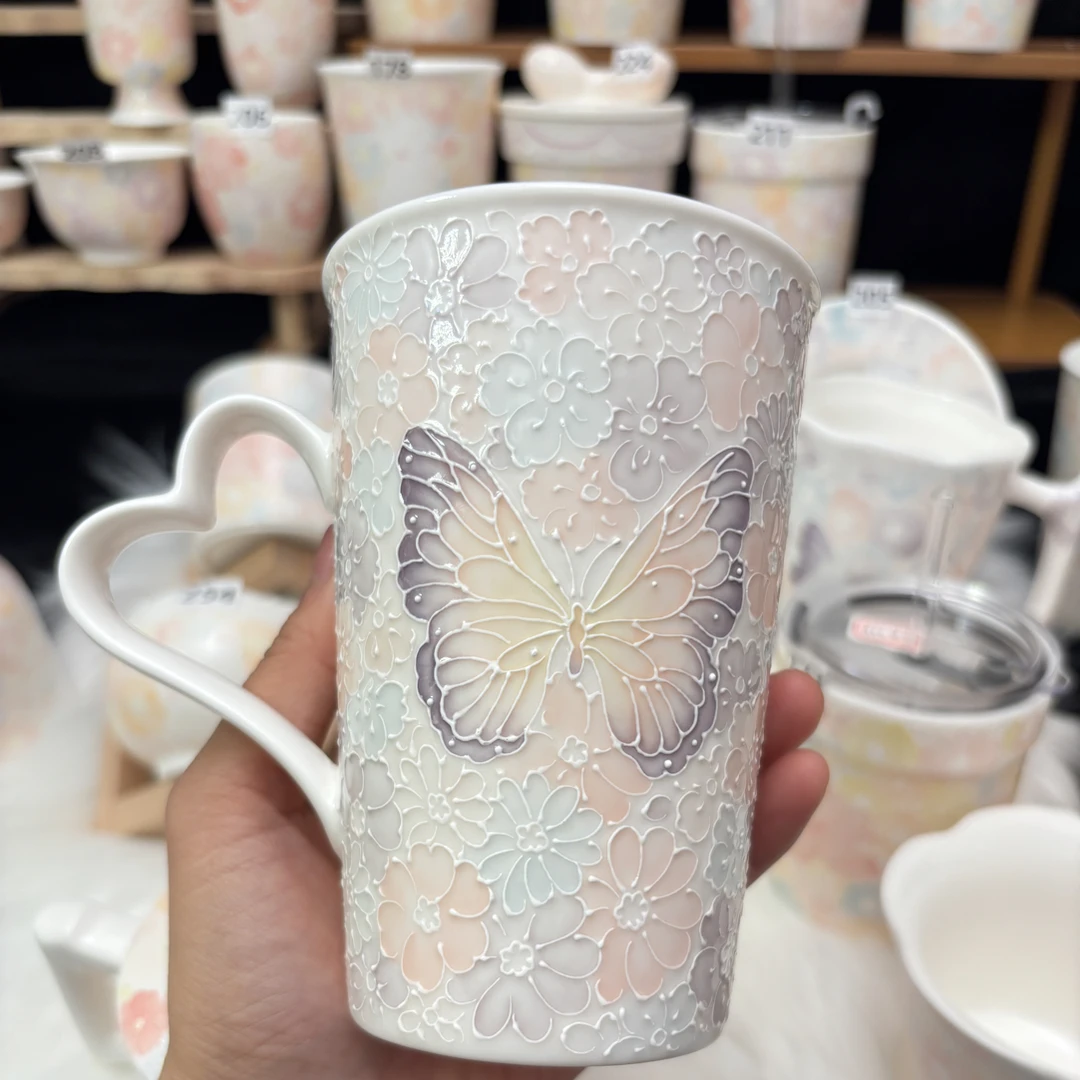 景德镇手绘立体万花陶瓷马克杯玉泥透光家用高颜值伴手