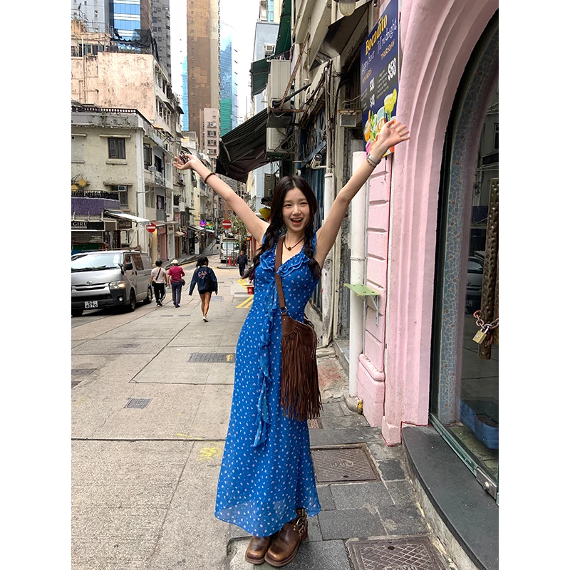 王少女的店 【现】蓝色印花V领连衣裙春夏木耳边碎花长裙 L31585S51
