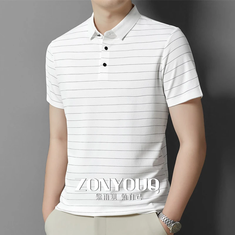 ZONYOUQ条纹polo衫男士夏季薄款透气短袖奢侈T恤翻领半袖上衣